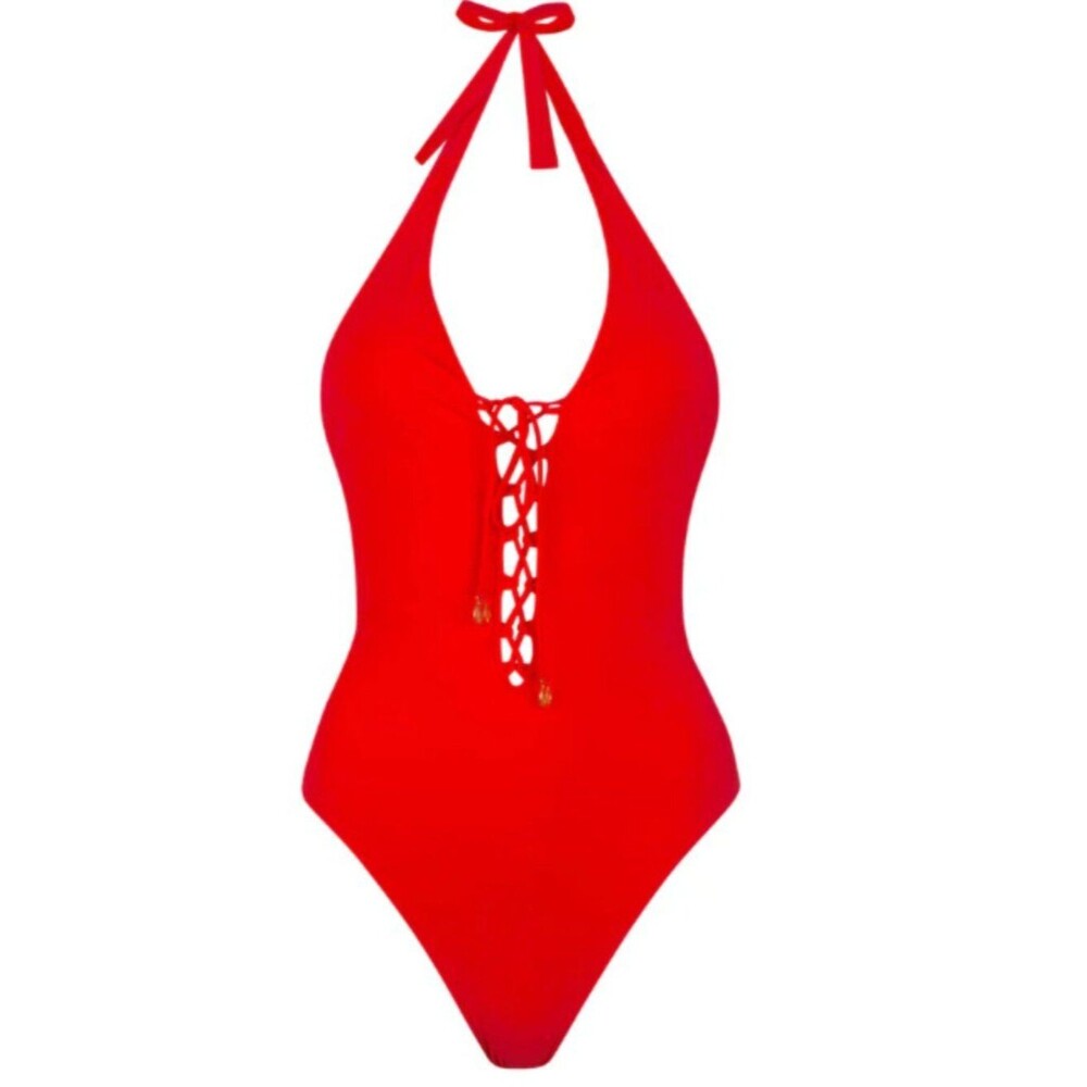 Demadly Sweden Size 40 Medium Hawthorn in Red One Piece Lace Up Halter Swimsuit